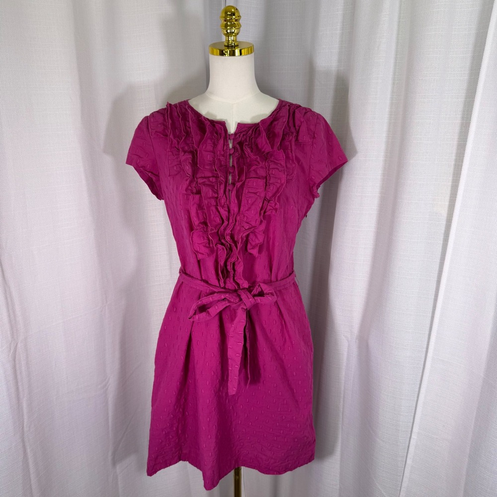 Tabitha Anthropologie Ruffle Swiss Dot Dress Women 12 Pink Cotton Belted